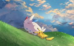 Rule 34 | blush, closed mouth, cloud, commentary request, creatures (company), closed eyes, game freak, gen 1 pokemon, gen 4 pokemon, grass, highres, lying, nintendo, no humans, nullma, on back, open mouth, outdoors, pikachu, pokemon, pokemon (creature), signature, sky, smile, togekiss, tongue