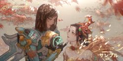 Rule 34 | 2girls, armor, bare shoulders, bob cut, brown eyes, brown hair, china dress, chinese clothes, closed mouth, dark-skinned female, dark skin, doctor, dress, forehead, highres, lips, looking at another, mask, medic, mercy (overwatch), mouth mask, multiple girls, overwatch, petals, pharah (overwatch), qing ya sylvia, sample watermark, short hair, watermark, yuri