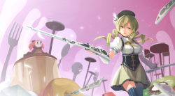 Rule 34 | 10s, 1girl, beret, blonde hair, breasts, brown thighhighs, chair, charlotte (madoka magica), cupcake, detached sleeves, doughnut, drill hair, dual wielding, elrowa, fingerless gloves, food, fork, fruit, gloves, gun, hair ornament, hairpin, hat, highres, holding, kiwi (fruit), large breasts, magical girl, magical musket, mahou shoujo madoka magica, mahou shoujo madoka magica (anime), open mouth, pleated skirt, puffy sleeves, ribbon, rifle, skirt, spoon, striped clothes, striped thighhighs, thighhighs, tomoe mami, twin drills, twintails, vertical-striped clothes, vertical-striped thighhighs, weapon, witch&#039;s labyrinth, yellow eyes, zettai ryouiki