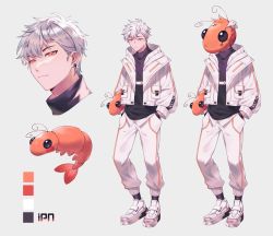 Rule 34 | 1boy, absurdres, alliance (team), black shirt, character name, character sheet, color guide, grey background, grey hair, hair behind ear, hand in pocket, highres, holding, holding stuffed toy, ipn, jacket, looking at viewer, looking down, male focus, multiple views, official art, orange eyes, pants, papercider, shirt, shrimp costume, stuffed shrimp, stuffed toy, white background, white footwear, white jacket, white pants