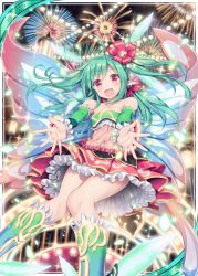 Rule 34 | 1girl, :d, akkijin, bare shoulders, blue hair, boots, card (medium), carnival, dress, fairy, fairy wings, fireworks, flower, hair flower, hair ornament, multicolored clothes, official art, open mouth, pixie servant (shinkai no valkyrie), pointy ears, red eyes, shinkai no valkyrie, smile, solo, wings