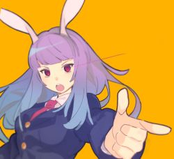 Rule 34 | 1girl, animal ears, black jacket, blazer, blunt bangs, breasts, buttons, collared shirt, commentary request, finger gun, glowing, glowing eyes, highres, jacket, long hair, long sleeves, medium breasts, necktie, ntii, open mouth, orange background, purple hair, rabbit ears, rabbit girl, red eyes, red necktie, reisen udongein inaba, shirt, simple background, teeth, touhou, upper body, upper teeth only, white shirt, yellow background