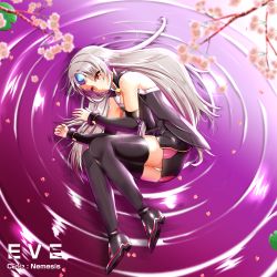 Rule 34 | 1girl, armor, black dress, black footwear, black shirt, black skirt, boots, character name, cherry blossoms, code: nemesis (elsword), detached sleeves, dress, elsword, english text, eve (elsword), facial mark, forehead jewel, highres, legs together, lily pad, long hair, lying, miniskirt, on side, orange eyes, panties, pantyshot, pink water, purple water, raven cronwell, robot ears, shirt, short dress, skirt, solo, thigh boots, thighhighs, tree, underwear, veca, very long hair, water, white hair, white panties