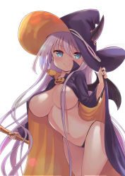 Rule 34 | 1girl, aqua eyes, areola slip, black panties, blush, breasts, cape, closed mouth, commentary request, covered erect nipples, hair censor, hair over breasts, halloween, hat, highres, large breasts, long hair, long sleeves, looking at viewer, navel, no bra, original, panties, simple background, smile, solo, tenjou ryuka, underwear, very long hair, white background, witch hat