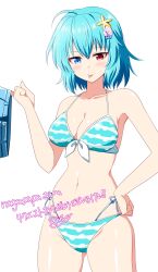 Rule 34 | 1girl, absurdres, ahoge, bikini, blue bikini, blue eyes, breasts, cleavage, closed mouth, commentary request, cowboy shot, halterneck, hand on own hip, heterochromia, highres, holding shorts, navel, red eyes, rise (rise19851203), shell hair ornament, short hair, simple background, small breasts, smile, solo, starfish hair ornament, striped bikini, striped clothes, swimsuit, tatara kogasa, tatara kogasa (beach umbrella castaway), tongue, tongue out, touhou, touhou lostword, white background, white bikini