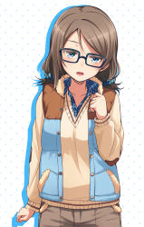 Rule 34 | 10s, 1girl, alternate hairstyle, blue eyes, brown hair, glasses, highres, jacket, love live!, love live! school idol festival, love live! sunshine!!, low twintails, nanotsuki, open mouth, polka dot, polka dot background, scrunchie, short twintails, solo, striped clothes, striped scrunchie, sweater, twintails, vest, watanabe you