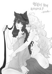 Rule 34 | 2girls, absurdres, animal ears, artist request, blake belladonna, blanket, cat ears, commentary request, greyscale, highres, hug, hug from behind, monochrome, monochrome, multiple girls, nightgown, nude, open clothes, rwby, translation request, yang xiao long, yuri