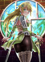 Rule 34 | 1girl, absurdres, armor, ass, back cutout, black pantyhose, blonde hair, boots, breasts, closed mouth, clothing cutout, cross-laced clothes, cross-laced dress, dangle earrings, dress, dual wielding, earrings, elf, flower, from behind, green dress, green eyes, grey footwear, hair flower, hair ornament, highres, holding, jewelry, kentap, large breasts, long hair, looking at viewer, looking back, original, panties, panties under pantyhose, pantyhose, pointy ears, round window, shoulder armor, sideboob, smile, solo, sword, thigh boots, tiara, underwear, weapon, window