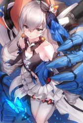 Rule 34 | 1girl, black gloves, blush, breasts, bronya zaychik, bronya zaychik (herrscher of reason), bug, butterfly, center opening, crossed bangs, dress, drill hair, earrings, elbow gloves, gloves, hair ornament, highres, honkai (series), honkai impact 3rd, insect, jewelry, kfr, layered dress, leg up, long hair, looking at viewer, project bunny, silver hair, small breasts, solo, thighhighs, twin drills, white thighhighs