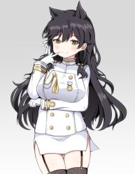 Rule 34 | 1girl, animal ears, atago (azur lane), azur lane, black hair, black thighhighs, blush, breast hold, breasts, brown eyes, buttons, closed mouth, commentary request, cowboy shot, double-breasted, extra ears, finger to mouth, garter straps, gloves, gradient background, grey background, hair ribbon, high collar, jacket, large breasts, long hair, long sleeves, looking at viewer, medal, military, military uniform, miniskirt, mole, mole under eye, pencil skirt, ribbon, side slit, skindentation, skirt, smile, solo, standing, thighhighs, trista (makkoivenus), uniform, white gloves, white jacket, white ribbon, white skirt