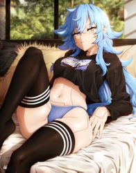 Rule 34 | 1girl, android, blue hair, commission, crop top, feet out of frame, freckles, highres, kellzallday, knee up, long hair, long sleeves, midriff, navel, original, panties, pursed lips, red eyes, shirt, signature, sitting, skindentation, socks, solo, stomach, thighhighs, underwear, window