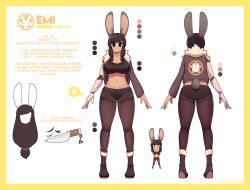 Rule 34 | 1girl, absurdres, animal ears, ass, blush, breasts, brown eyes, brown hair, brown jacket, character sheet, cleavage, closed eyes, closed mouth, emi (fizintine), fizintine, highres, jacket, large breasts, looking at viewer, multiple views, navel, original, pantyhose, rabbit ears, rabbit tail, simple background, smile, tail, tall female