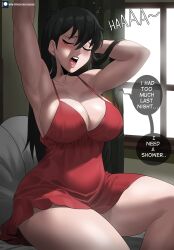 Rule 34 | 1girl, absurdres, armpits, arms up, bare shoulders, black hair, breasts, commentary, curtains, echo saber, english commentary, english text, feet out of frame, highres, indoors, large breasts, long hair, nightgown, on bed, open mouth, patreon logo, patreon username, raised eyebrows, red nightgown, sitting, solo, speech bubble, spy x family, teeth, thick thighs, thighs, upper teeth only, watermark, web address, window, yawning, yor briar