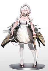 Rule 34 | 1girl, anchor, azur lane, bad id, bad twitter id, black footwear, blush, breasts, cannon, choker, cleavage, collarbone, dress, expressionless, full body, hair between eyes, hairband, highres, holding, holding sword, holding weapon, ihobus, lace-trimmed hairband, lace trim, large breasts, looking at viewer, mary janes, puffy sleeves, red eyes, ribbon, rigging, shoes, short hair, short sleeves, sidelocks, sirius (azur lane), solo, sword, thighhighs, turret, weapon, white hair, white thighhighs