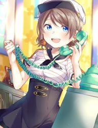 Rule 34 | 1girl, :d, bad id, bad twitter id, black neckerchief, black skirt, blue eyes, blush, brown hair, commentary request, earrings, hat, high-waist skirt, highres, holding, holding phone, jewelry, love live!, love live! school idol festival, love live! sunshine!!, makura (makura0128), neckerchief, open mouth, phone, picture frame, shirt, short hair, short sleeves, skirt, smile, solo, string around finger, striped clothes, striped shirt, talking on phone, watanabe you, yarn, yarn ball
