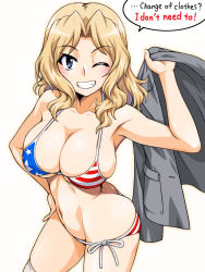 Rule 34 | 1girl, ;d, american flag bikini, armpits, ass, bikini, blazer, blonde hair, blue eyes, breasts, bursting breasts, butt crack, downpants, english text, flag print, girls und panzer, hair intakes, hand on own hip, jacket, kay (girls und panzer), large breasts, one eye closed, oosaka kanagawa, open mouth, panties, side-tie bikini bottom, simple background, skindentation, smile, solo, striped clothes, striped panties, swimsuit, thighhighs, underwear, white background, white thighhighs