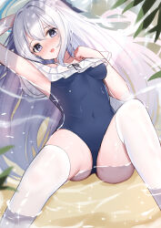 Rule 34 | 1girl, absurdres, arm up, armpits, beach, blue archive, blush, breasts, commentary request, covered navel, daoyan, grey hair, halo, highres, leaf, long hair, looking at viewer, miyako (blue archive), miyako (swimsuit) (blue archive), navel, one-piece swimsuit, open mouth, small breasts, solo, spread legs, swimsuit, thighhighs, water, wet, white thighhighs