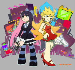 Rule 34 | 01 0219, 10s, 2girls, back lace, blonde hair, bow, dress, earrings, goth fashion, gothic fashion, green eyes, gun, hair bow, honekoneko (psg), hoop earrings, jewelry, long hair, lots of jewelry, multiple girls, official style, panty &amp; stocking with garterbelt, panty (psg), pantyhose, red dress, short dress, siblings, sisters, stocking (psg), striped clothes, striped legwear, striped pantyhose, stuffed animal, stuffed cat, stuffed toy, thighhighs, very long hair, weapon