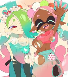 Rule 34 | 1boy, 2girls, :&gt;, :d, bare shoulders, big man (splatoon), bird nest, black pants, blue hair, blush, blush stickers, breasts, bubble, cephalopod eyes, cherry blossoms, chest sarashi, closed eyes, closed mouth, collarbone, colored eyelashes, commentary, cowboy shot, crop top, dango, dango earrings, dark-skinned female, dark skin, earrings, facing viewer, fangs, flower, flower earrings, folded fan, folding fan, food, food-themed earrings, food on head, frye (splatoon), gradient hair, gradient pants, green hair, groin, hair flower, hair ornament, hair over one eye, hand fan, hand on own hip, harem pants, highres, holding, holding fan, inkling, jewelry, kiirono, long hair, manta ray, midriff, multicolored hair, multiple girls, navel, nest, nest on head, nintendo, object on head, octoling, official alternate costume, one eye covered, open mouth, outstretched arm, pants, pink hair, pink shawl, pink shirt, pointy ears, red eyes, red pupils, revealing layer, sarashi, see-through, see-through shawl, shawl, shirt, shiver (splatoon), smile, splatoon (series), splatoon 3, suction cups, sweat, symbol-only commentary, tentacle hair, torn clothes, torn pants, twitter username, two-tone hair, wagashi, watermark, waving
