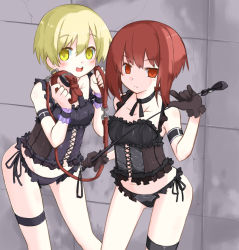 Rule 34 | 10s, 2girls, black gloves, black panties, blonde hair, bondage outfit, breasts, brown eyes, brown hair, bustier, collar, dominatrix, gin (shioyude), gloves, holding, holding riding crop, kantai collection, leash, lingerie, looking at viewer, medium breasts, multiple girls, panties, riding crop, short hair, small breasts, standing, thigh strap, underwear, whip, yellow eyes, z1 leberecht maass (kancolle), z3 max schultz (kancolle)