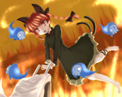 Rule 34 | 1girl, animal ears, bad id, bad pixiv id, braid, cart, cat ears, cat girl, cat tail, fang, female focus, full body, ghost, ghost tail, gradient background, highres, kaenbyou rin, monme (miasakuya), red eyes, red hair, solo, tail, touhou