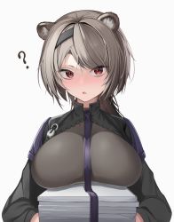Rule 34 | 1girl, :o, ?, absinthe (arknights), absurdres, animal ears, arknights, bear ears, bear girl, black hairband, blush, breast rest, breasts, brown hair, chun bae, grey background, hairband, highres, large breasts, long sleeves, looking at viewer, necktie, open mouth, paper stack, purple necktie, red eyes, short hair, short hair with long locks, simple background, solo, upper body