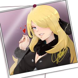 Rule 34 | 1girl, black coat, blonde hair, blue eyes, breasts, character name, cleavage, coat, creatures (company), cynthia (pokemon), eyelashes, eyeshadow, fingernails, fur collar, fur trim, game freak, grin, hair ornament, hair over one eye, hand up, heart, highres, large breasts, lips, long fingernails, long hair, long sleeves, looking at viewer, makeup, nail polish, nintendo, nose, nostrils, notice lines, photo (object), pink eyeshadow, pink nails, pokemon, pokemon dppt, signature, smile, solo, thumbtack, upper body, vialnite