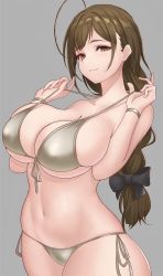 Rule 34 | 1girl, ahoge, bad id, bad pixiv id, bare shoulders, bikini, black bow, bow, braid, breasts, brown eyes, cleavage, closed mouth, cowboy shot, grey background, grey bikini, hair bow, halterneck, hands up, highres, idolmaster, idolmaster shiny colors, js (wlstjd9595), kuwayama chiyuki, large breasts, long hair, looking at viewer, navel, ponytail, pulling own clothes, side-tie bikini bottom, simple background, single braid, skindentation, smile, solo, standing, strap pull, string bikini, swimsuit