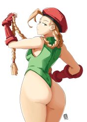 Rule 34 | 1girl, ahoge, artist logo, ass, automatic giraffe, back, beret, blonde hair, braid, breasts, cammy white, capcom, fingerless gloves, gauntlets, gloves, green eyes, green leotard, half-closed eyes, hat, highleg, highleg leotard, highres, holding, holding own hair, huge ahoge, leotard, long hair, looking back, medium breasts, red hat, solo, street fighter, thighs, thong leotard, twin braids, white background