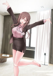 Rule 34 | 1girl, arms up, bad id, bad pixiv id, black jacket, black skirt, blazer, blush, brown hair, closed eyes, collared shirt, highres, indoors, jacket, leg up, long hair, office lady, ol-chan (oouso), oouso, open clothes, open jacket, open mouth, original, pantyhose, pencil skirt, pink pantyhose, pink shirt, shirt, shirt tucked in, skirt, solo, sparkle, standing, standing on one leg