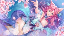 Rule 34 | 1girl, ahri (league of legends), animal ears, bare shoulders, bell, blue eyes, bow, breasts, cherry blossoms, cleavage, detached sleeves, facial mark, fox ears, fox tail, green kimono, green ribbon, hair ribbon, highres, japanese clothes, kimono, large breasts, league of legends, long hair, looking at viewer, lying, momoirone, nail polish, on back, pink hair, pink nails, ribbon, smile, solo, spirit blossom ahri, tail, thighhighs, whisker markings, white thighhighs