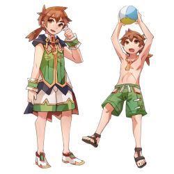 Rule 34 | 1boy, aged down, ball, beachball, brown eyes, drawstring, dual persona, full body, geetgeet, green male swimwear, green swim trunks, holding, holding ball, holding beachball, long hair, male focus, male swimwear, multiple views, ponytail, pop-up story, sandals, shorts, simple background, swim trunks, swimsuit, teacher (male) (pop-up story), white background, white shorts