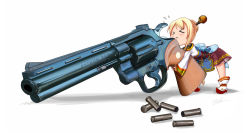 Rule 34 | 00s, 1girl, bent over, big gun, blonde hair, chibi, colt python, dungeon and fighter, female focus, female gunner (dungeon and fighter), gun, gunner (dungeon and fighter), hair ornament, handgun, korean clothes, revolver, solo, standing, weapon, white background