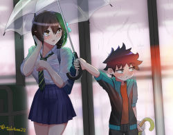 Rule 34 | 1boy, 1girl, age difference, child, commentary, convenience store, highres, original, school uniform, see-through, shop, takotoma22, umbrella, wet, wet clothes