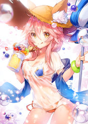 Rule 34 | 1girl, :q, animal ears, apple caramel, beach umbrella, bikini, blue bikini, blue jacket, blueberry, blush, breasts, brown eyes, bubble, cleavage, closed mouth, commentary request, contrapposto, cowboy shot, ears through headwear, fate/grand order, fate (series), food, fox ears, fruit, hair between eyes, hat, holding, holding mug, holding umbrella, hood, hood down, hooded jacket, ice cream, jacket, large breasts, long hair, looking at viewer, off shoulder, orange bikini, pink hair, pocky, see-through, shirt, short sleeves, side-tie bikini bottom, sidelocks, sleeveless, sleeveless jacket, smile, solo, standing, straw hat, swimsuit, tamamo (fate), tamamo no mae (fate/extra), tamamo no mae (swimsuit lancer) (fate), tamamo no mae (swimsuit lancer) (second ascension) (fate), tongue, tongue out, umbrella, wafer stick, wet, wet clothes, wet shirt, whipped cream, white shirt