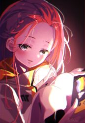 Rule 34 | 1girl, blue archive, blue eyes, blush, braid, halo, high collar, jacket, long hair, long sleeves, looking at viewer, nintendo switch, one side up, red hair, school uniform, single braid, solo, tatara (alnath may), very long hair, white jacket, yuzu (blue archive)