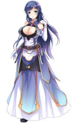 Rule 34 | 1girl, bad id, bad twitter id, belt, blue eyes, blue hair, blush, breasts, chain, cleavage, cleavage cutout, clothing cutout, dress, elbow gloves, full body, gloves, gold trim, hair ornament, half-closed eyes, hand on own shoulder, highres, irene (master of eternity), large breasts, light blush, long dress, looking at viewer, master of eternity, nexon, official art, solo, transparent background, wavy hair
