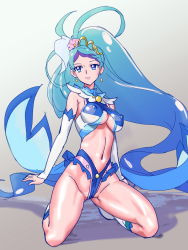 Rule 34 | 1girl, adapted costume, bad id, bad pixiv id, blue eyes, blue hair, breasts, cameltoe, commentary request, covered erect nipples, cure mermaid, detached sleeves, earrings, expressionless, go! princess precure, jewelry, kaidou minami, kneeling, large breasts, long hair, looking at viewer, magical girl, multicolored hair, navel, ontaros, precure, purple hair, revealing clothes, shiny skin, shoes, solo, streaked hair, two-tone hair