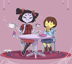 Rule 34 | 1girl, 1other, = =, androgynous, arthropod girl, black hair, brown hair, carpet, chair, closed eyes, colored skin, croissant, cup, doughnut, eating, extra arms, extra eyes, fangs, food, frisk (undertale), hair ribbon, long sleeves, monster girl, muffet, purple skin, ribbon, sasa kichi, silk, sitting, spider web, spiked hair, striped clothes, striped sweater, sweater, table, teacup, teapot, twintails, undertale, yellow skin