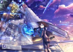 Rule 34 | 1girl, aircraft, airplane, bad id, bad pixiv id, blue eyes, bodysuit, brown hair, chinchongcha, cloud, falling star, fighter jet, unworn headwear, helmet, unworn helmet, highres, holding, holding helmet, holographic monitor, jet, launch pad, launch tower, looking at viewer, military, military vehicle, original, outdoors, rocket, shooting star, short hair, sky, solo, space shuttle, spacecraft, star (sky), starry sky, sunset, vehicle focus, wind