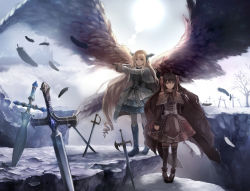 Rule 34 | 2girls, black eyes, blonde hair, boots, brown eyes, brown hair, castle, cliff, cross, dagger, dress, drill hair, feathers, grave, hair ribbon, hairband, head wings, knee boots, knife, long hair, multiple girls, nishikawa (fe), original, planted, planted sword, planted weapon, ribbon, shoes, sword, thighhighs, tree, twintails, very long hair, weapon, wings