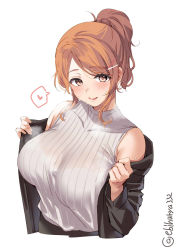 Rule 34 | 1girl, alternate costume, aquila (kancolle), bare shoulders, black jacket, black skirt, blush, bra visible through clothes, breasts, brown shirt, casual, ebifurya, glasses, hair ornament, hairclip, high ponytail, highres, jacket, kantai collection, large breasts, lips, long hair, looking at viewer, music, musical note, off shoulder, one-hour drawing challenge, open clothes, orange hair, parted lips, ponytail, shirt, simple background, singing, skirt, sleeveless, sleeveless shirt, smile, solo, steam, steaming body, striped clothes, striped shirt, sweat, sweater, swept bangs, twitter username, undressing, upper body, vertical-striped clothes, vertical-striped shirt, wavy hair, white background, yellow eyes