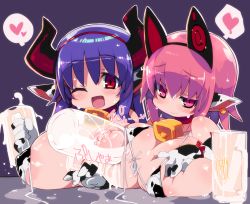 Rule 34 | 2girls, :d, absurdres, animal ears, animal print, bell, bikini, blush, breasts, closed mouth, covered erect nipples, cow ears, cow print, cowbell, cup, deathlock-san, deep skin, ear tag, extra ears, hairband, heart, highres, horns, huge breasts, ishtar-san, lactation, looking at viewer, milk, mug, multiple girls, neck bell, one eye closed, open mouth, original, outline, pink eyes, pink hair, purple background, red eyes, red hairband, simple background, smile, spoken heart, swimsuit, white bikini, white outline, zankuro