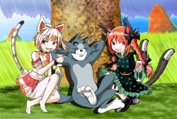 Rule 34 | 1boy, 2girls, animal ears, artist name, barefoot, bell, blue sky, blush, cat boy, cat ears, cat girl, cat tail, cigarette, closed eyes, collar, crossed legs, crossover, cup, day, drink, drinking glass, frilled skirt, frills, glass, goutokuji mike, grass, hair ribbon, holding, holding drink, holding glass, jmantime, kaenbyou rin, light blush, looking at viewer, midriff, mouth hold, multicolored hair, multiple girls, multiple tails, navel, no shoes, open mouth, orange-hair, orange eyes, outdoors, parody, pointing, pointing at another, red eyes, red hair, ribbon, screencap, shoes, short hair, sitting, skirt, sky, smile, squatting, subterranean animism, tail, tom (tom and jerry), tom and jerry, touhou, tree, twintails, two tails, unconnected marketeers, watermark, web address, white hair, wrist collar