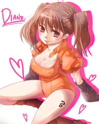 Rule 34 | 10s, 1girl, absurdres, asima70, black gloves, blush, boots, breasts, brown hair, buckle, character name, cleavage, diane (nanatsu no taizai), dragon, elbow gloves, fingerless gloves, from side, giant, giantess, gloves, grey hair, hair between eyes, heart, highres, knee boots, large breasts, leotard, light smile, long hair, looking at viewer, nanatsu no taizai, nekodanukoko, orange skirt, puffy short sleeves, puffy sleeves, purple eyes, shadow, short hair, short sleeves, short twintails, simple background, sitting, skirt, smile, solo, tattoo, twintails, white background