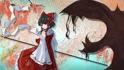 Rule 34 | 1girl, aura, bow, brown eyes, brown hair, closed mouth, detached sleeves, frilled bow, frilled hair tubes, frilled skirt, frills, gohei, hair bow, hair tubes, hakurei reimu, happy, head tilt, highres, holding, long sleeves, looking at viewer, looking back, paw print, red bow, red skirt, red vest, refuson man, ribbon-trimmed sleeves, ribbon trim, short hair, sidelocks, skirt, skirt set, smile, solo, standing, touhou, vest, white sleeves, wide sleeves, wily beast and weakest creature