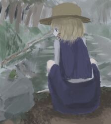 Rule 34 | 1girl, absurdres, blonde hair, forest, frog, grass, grey background, hairband, hat, highres, kneeling, looking at another, looking at viewer, medium hair, moriya suwako, nature, rain, red hairband, river, riverbank, rock, shinkopeishon, solo, touhou, tree