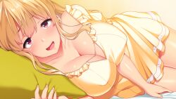 Rule 34 | 1girl, bed, blonde hair, blush, breasts, cleavage, eyebrows hidden by hair, facing viewer, female focus, game cg, hair between eyes, indoors, large breasts, legs, long hair, looking at viewer, lying, nonomiya ayaka, on bed, on side, original, pillow, red eyes, shiokonbu, simple background, sister lesson, skirt, smile, solo, thighs, yellow skirt