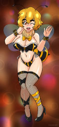 Rule 34 | 1girl, absurdres, antennae, arthropod girl, bee costume, bee girl, bee wings, black bra, black footwear, black panties, black thighhighs, blonde hair, blush, bow, bow panties, bowtie, bra, breasts, brown eyes, bubble background, cleavage, collar, crossover, dakunart, final fantasy, final fantasy vii, fishnets, fur collar, high heels, highres, honey bee inn, insect girl, insect wings, large breasts, leg ribbon, looking at viewer, mely, navel, one eye closed, open mouth, orange background, panties, ribbon, shoes, short hair, side-tie panties, smile, square enix, standing, stinger, striped bra, striped clothes, striped panties, teeth, thighhighs, trait connection, underwear, waving, wings, wink, wrist cuffs, yellow neckwear