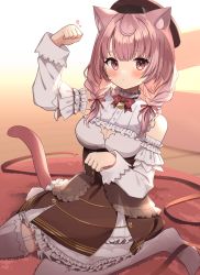 Rule 34 | 1girl, ahoge, animal ear fluff, animal ears, bare shoulders, blush, bow, braid, breasts, brown dress, brown hat, cat ears, cat girl, cat tail, character request, commission, copyright request, detached sleeves, dress, dress bow, frilled dress, frills, goma (u p), hat, highres, long sleeves, looking at viewer, medium breasts, medium hair, no shoes, paw pose, pink eyes, pink hair, red bow, sitting, skeb commission, solo, tail, thighhighs, twin braids, virtual youtuber, wariza, white dress, white thighhighs, zettai ryouiki